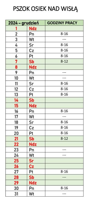 Harmonogram pracy PSZOK Osiek nad Wisłą - grudzień